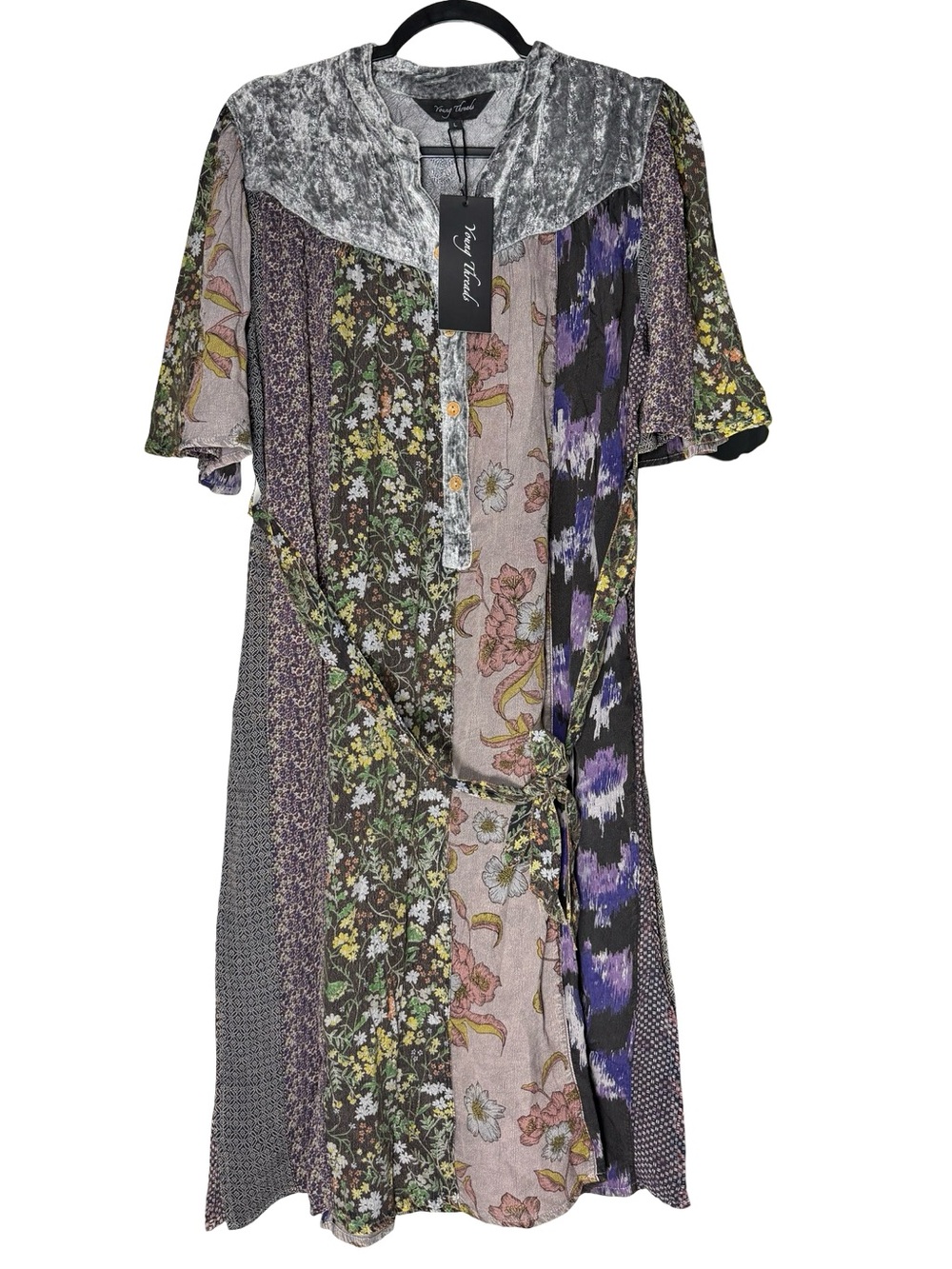Young Threads Boho Patchwork Mixed Print Midi Dress Large Velvet Cottagecore NWT